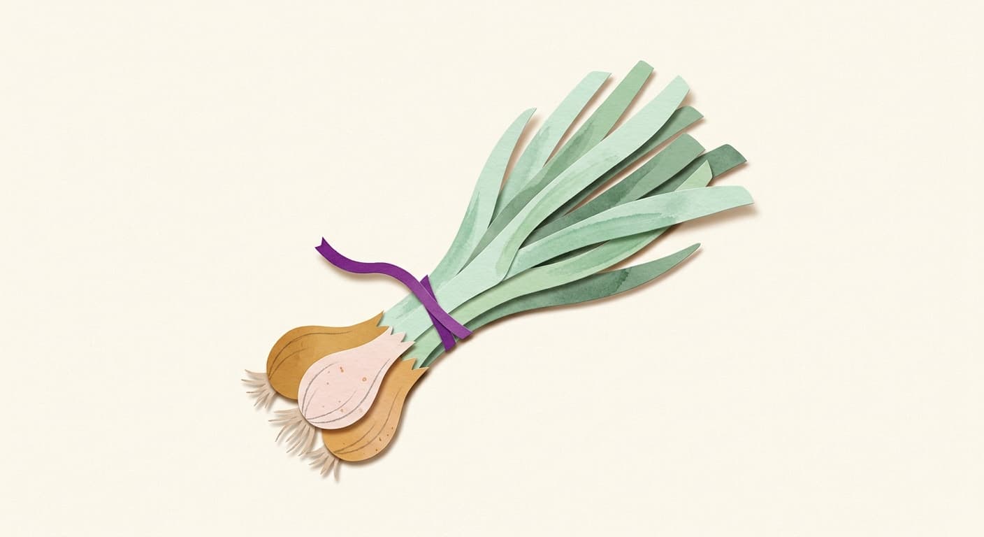 Paper-cut illustration: a green onion bunch