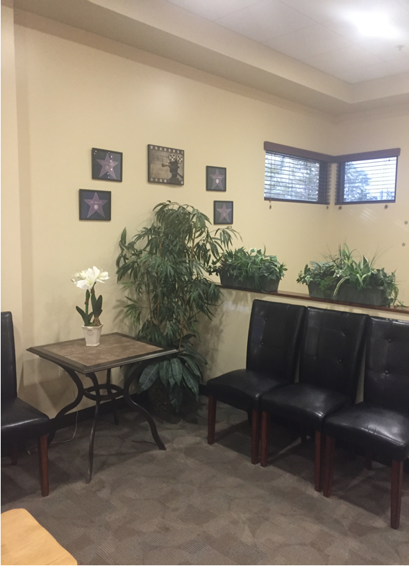 MomDoc Women for Women Indian School living-room with black leather chairs and plants